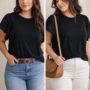 Black Lace Eyelet Sleeve Blouse